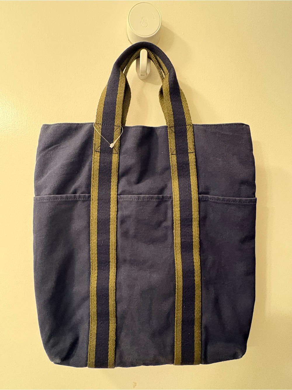 Hermes Navy Canvas Tote with Olive Stripe Handles - Men